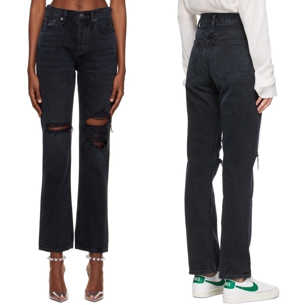 AGOLDE 90s Washed Black Distressed Denim Rip Knee Straight Leg Relaxed Jeans 23 - Picture 10 of 15